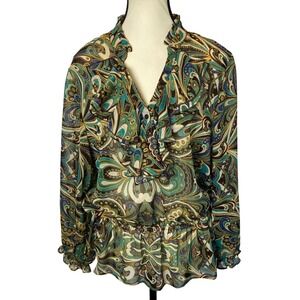 Vintage Sunny Leigh Paisley Sheer Blouse Size XL Ruffle Peplum Boho Hippie Gypsy